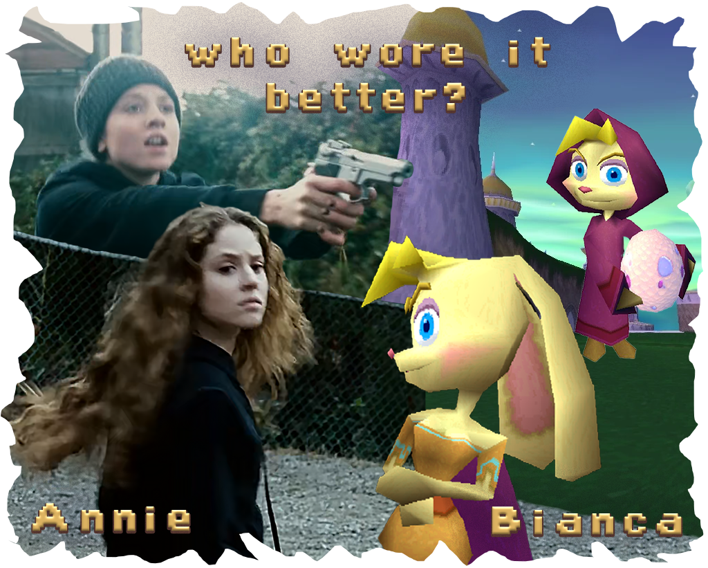 who wore it better, Annie or Bianca? the image shows Annie from The Invisible, once with her beanie and once without compared against Bianca from Spyro 3 with her hood and without.